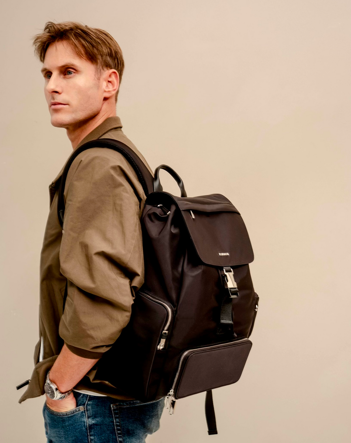 FORMOD Nylon Backpack worn over the shoulder